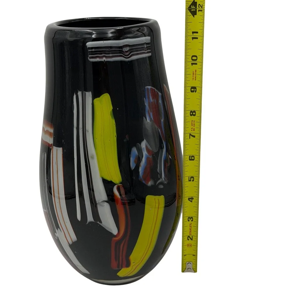Vtg Art Glass Vase Colorful Black Stripe Abstract Postmodern Heavy LG Y2K 11.5in